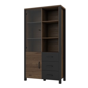 Vitrine large design collection DARWIN. Couleur chêne foncé et noir. 2 portes, 3 tiroirs, 3 niches