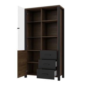 Vitrine large design collection DARWIN. Couleur chêne foncé et noir. 2 portes, 3 tiroirs, 3 niches