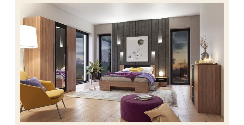 Chambre complète Irina coloris red wallnut et noir : Lit 180x200 cm + armoire + commode + chevets.