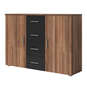 Chambre complète Irina coloris red wallnut et noir : Lit 180x200 cm + armoire + commode + chevets.