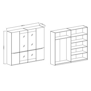 Chambre à coucher LUCIA : Armoire 4 portes + Lit 160x200 + 2 Chevets. Couleur gris et finitions chêne