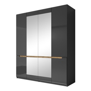 Chambre à coucher LUCIA : Armoire 4 portes + Lit 160x200 + 2 Chevets. Couleur gris et finitions chêne