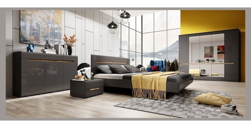 Chambre à coucher LUCIA : Armoire 4 portes + Lit 160x200 + 2 Chevets. Couleur gris et finitions chêne