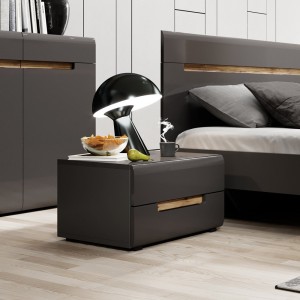 Chambre à coucher LUCIA : Armoire 4 portes + Lit 160x200 + 2 Chevets. Couleur gris et finitions chêne