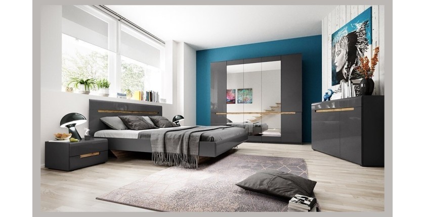 Chambre à coucher LUCIA : Armoire 5 portes + Lit 180x200 + 2 Chevets. Couleur gris et chêne