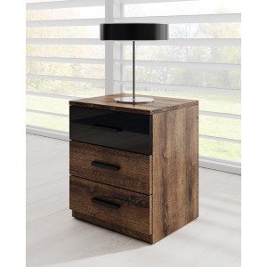 Chambre à coucher FLOYD : Armoire 200cm, Lit 140x200, commode, chevets. Couleur chêne foncé et noir brillant