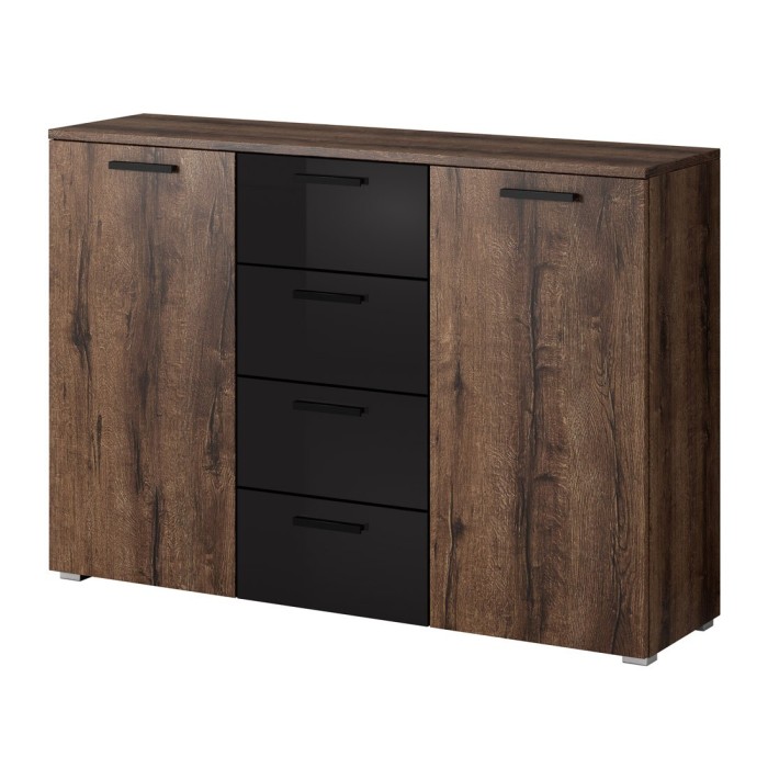 Chambre à coucher FLOYD : Armoire 200cm, Lit 160x200, commode, chevets. Couleur chêne foncé et noir brillant