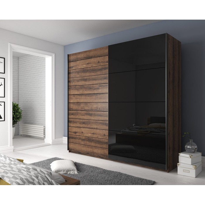 Chambre à coucher FLOYD : Armoire 200cm, Lit 160x200, commode, chevets. Couleur chêne foncé et noir brillant