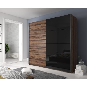 Chambre à coucher FLOYD : Armoire 220cm, Lit 160x200, commode, chevets. Couleur chêne foncé et noir brillant