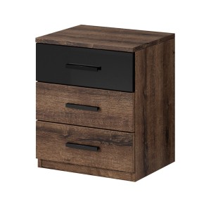 Chambre à coucher FLOYD : Armoire 200cm, Lit 180x200, commode, chevets. Couleur chêne foncé et noir brillant