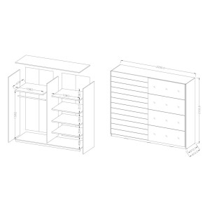 Chambre à coucher FLOYD : Armoire 220cm, Lit 180x200, commode, chevets. Couleur chêne foncé et noir brillant