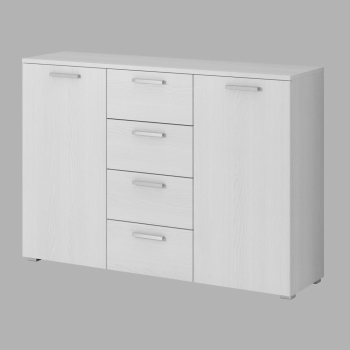 Chambre à coucher FLOYD : Armoire 200cm, Lit 140x200, commode, chevets. Coloris blanc effet bois.