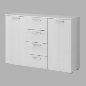 Chambre à coucher FLOYD : Armoire 200cm, Lit 140x200, commode, chevets. Coloris blanc effet bois.