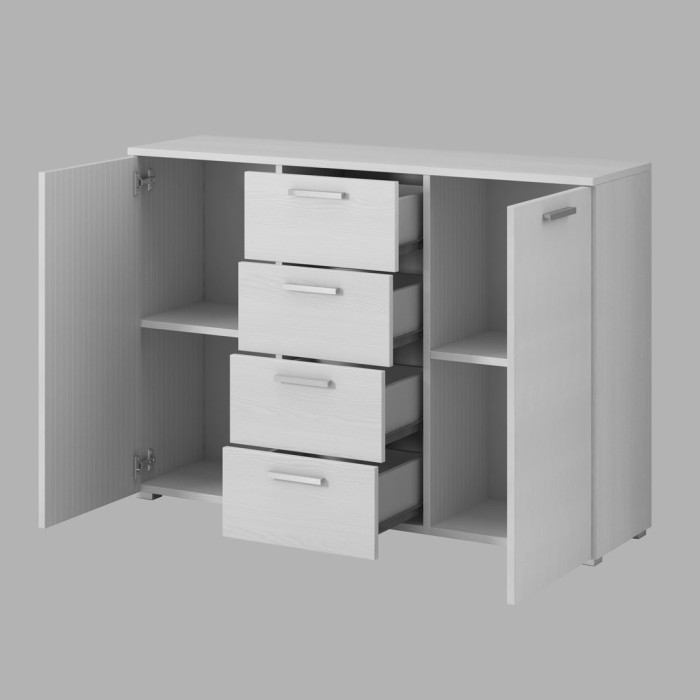 Chambre à coucher FLOYD : Armoire 220cm, Lit 140x200, commode, chevets. Coloris blanc effet bois.