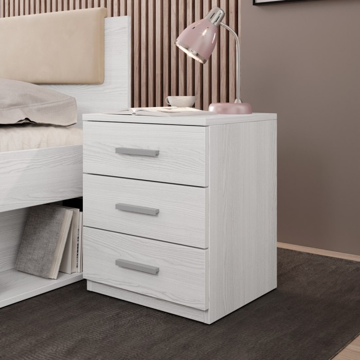 Chambre à coucher FLOYD : Armoire 200cm, Lit 160x200, commode, chevets. Coloris blanc effet bois.