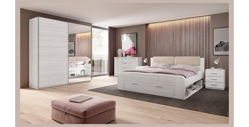 Chambre à coucher FLOYD : Armoire 200cm, Lit 160x200, commode, chevets. Coloris blanc effet bois.