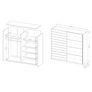 Chambre à coucher FLOYD : Armoire 200cm, Lit 180x200, commode, chevets. Coloris blanc effet bois.