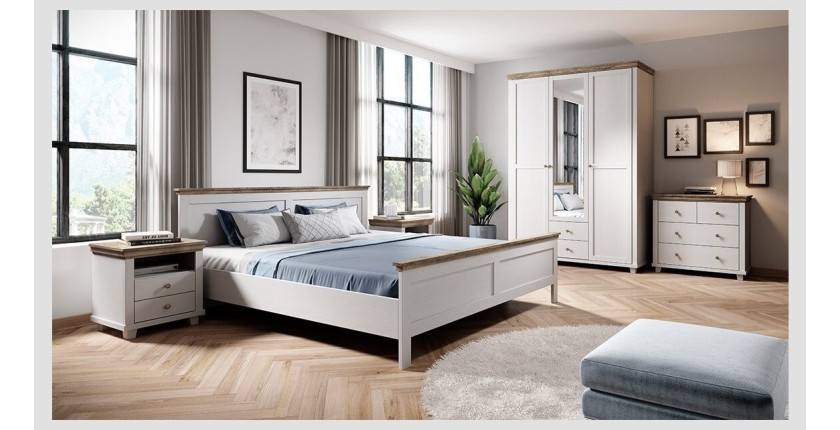 Chambre à coucher ASSIA : Armoire 150cm, Lit 180x200, commode, chevets. Coloris blanc et  chêne.