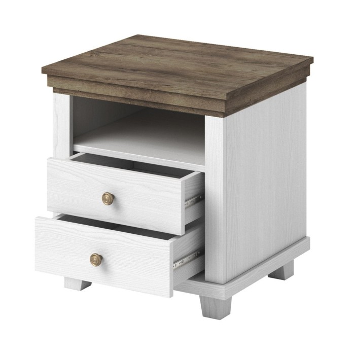 Chambre à coucher ASSIA : Armoire 150cm, Lit 180x200, commode, chevets. Coloris blanc et  chêne.