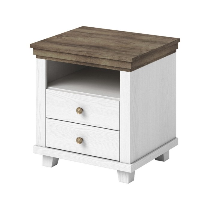 Chambre à coucher ASSIA : Armoire 150cm, Lit 180x200, commode, chevets. Coloris blanc et  chêne.