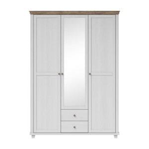 Chambre à coucher ASSIA : Armoire 150cm, Lit 180x200, commode, chevets. Coloris blanc et  chêne.