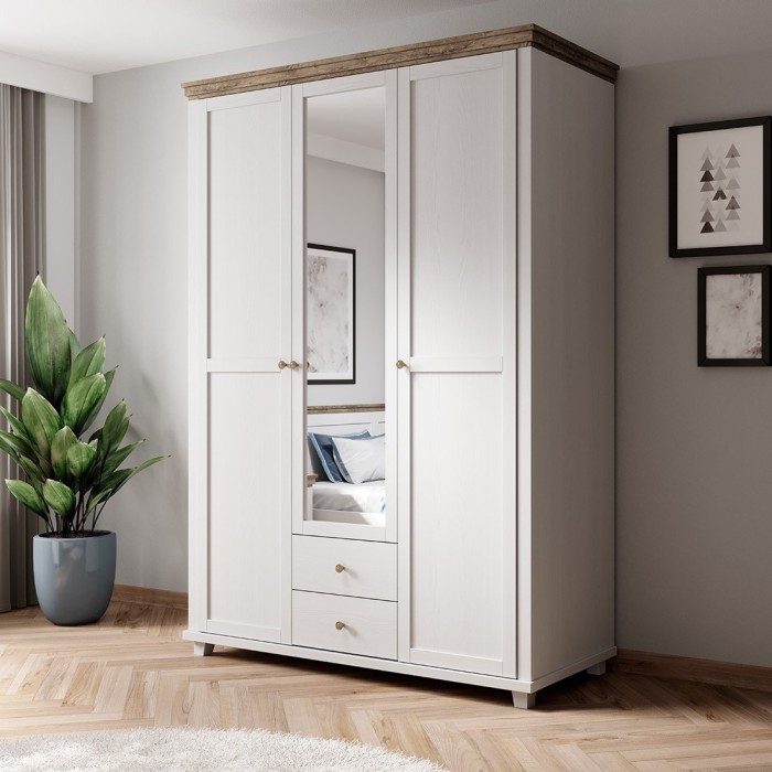 Chambre à coucher ASSIA : Armoire 150cm, Lit 180x200, commode, chevets. Coloris blanc et  chêne.