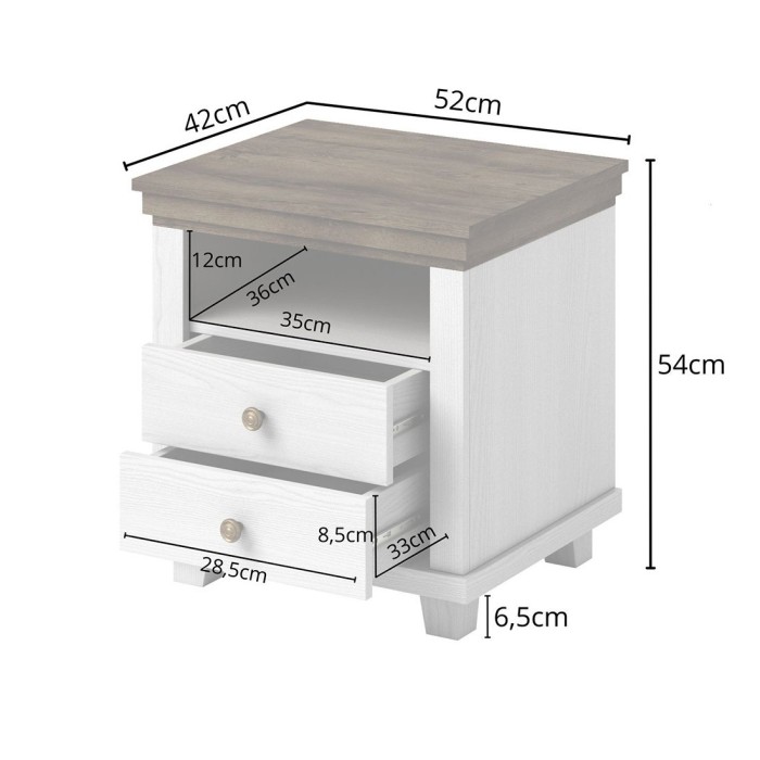 Chambre à coucher ASSIA : Armoire 150cm, Lit 180x200, commode, chevets. Coloris blanc et  chêne.