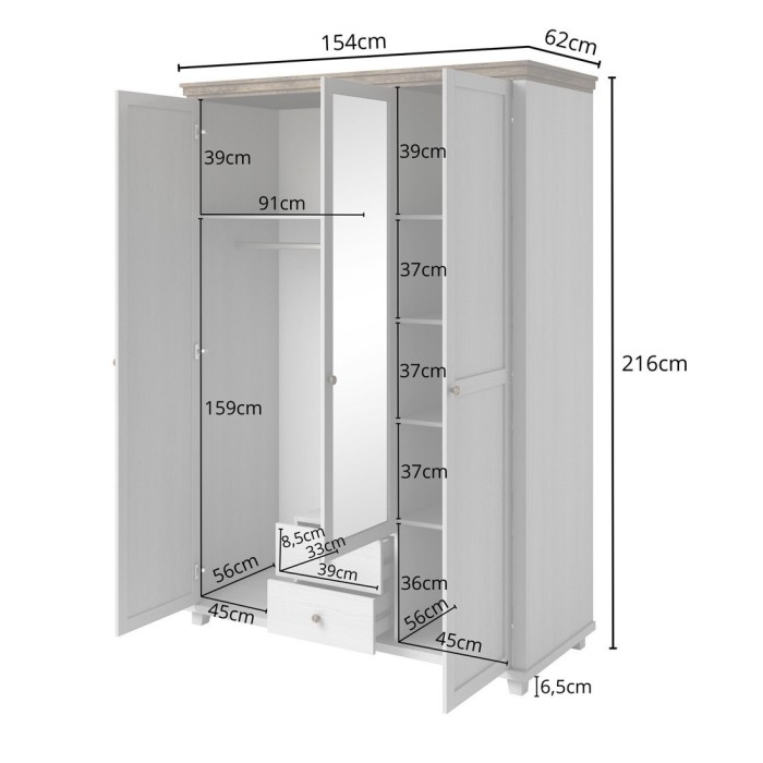 Chambre à coucher ASSIA : Armoire 150cm, Lit 180x200, commode, chevets. Coloris blanc et  chêne.
