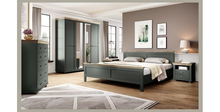 Chambre à coucher ASSIA : Armoire 200cm, Lit 160x200, commode, chevets. Coloris vert kaki et  chêne.