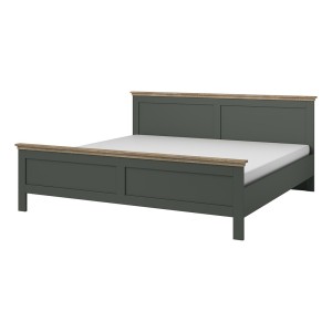 Chambre à coucher ASSIA : Armoire 200cm, Lit 160x200, commode, chevets. Coloris vert kaki et  chêne.