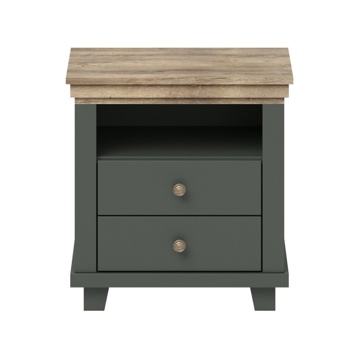 Chambre à coucher ASSIA : Armoire 200cm, Lit 160x200, commode, chevets. Coloris vert kaki et  chêne.