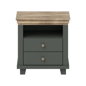 Chambre à coucher ASSIA : Armoire 200cm, Lit 160x200, commode, chevets. Coloris vert kaki et  chêne.