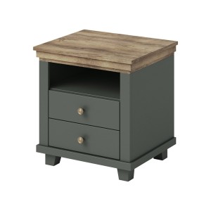 Chambre à coucher ASSIA : Armoire 200cm, Lit 160x200, commode, chevets. Coloris vert kaki et  chêne.