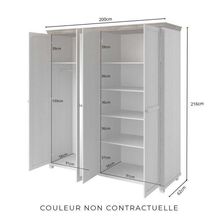 Chambre à coucher ASSIA : Armoire 200cm, Lit 160x200, commode, chevets. Coloris vert kaki et  chêne.