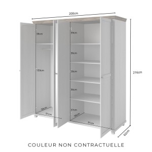 Chambre à coucher ASSIA : Armoire 200cm, Lit 160x200, commode, chevets. Coloris vert kaki et  chêne.