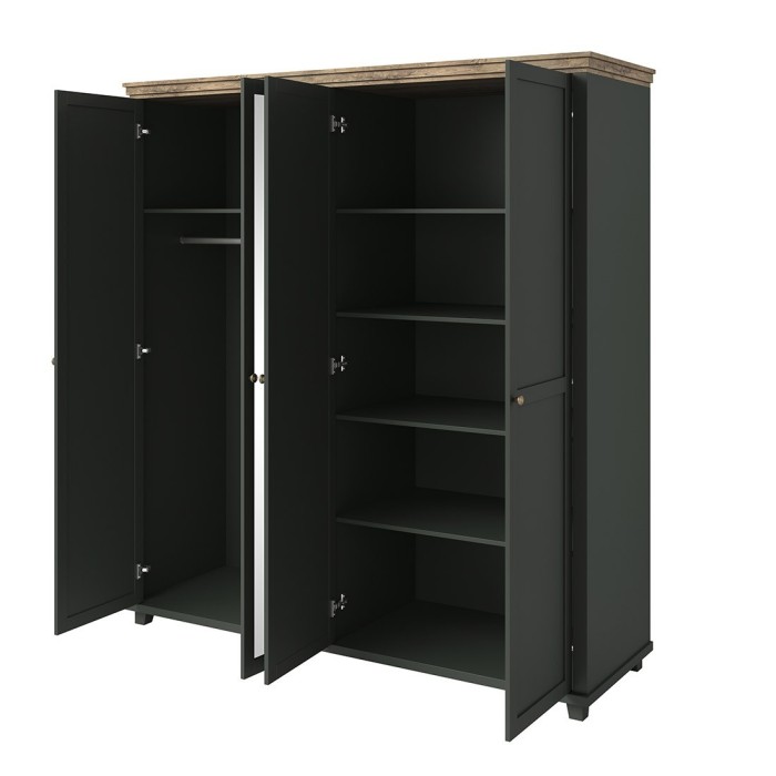 Chambre à coucher ASSIA : Armoire 200cm, Lit 160x200, commode, chevets. Coloris vert kaki et  chêne.