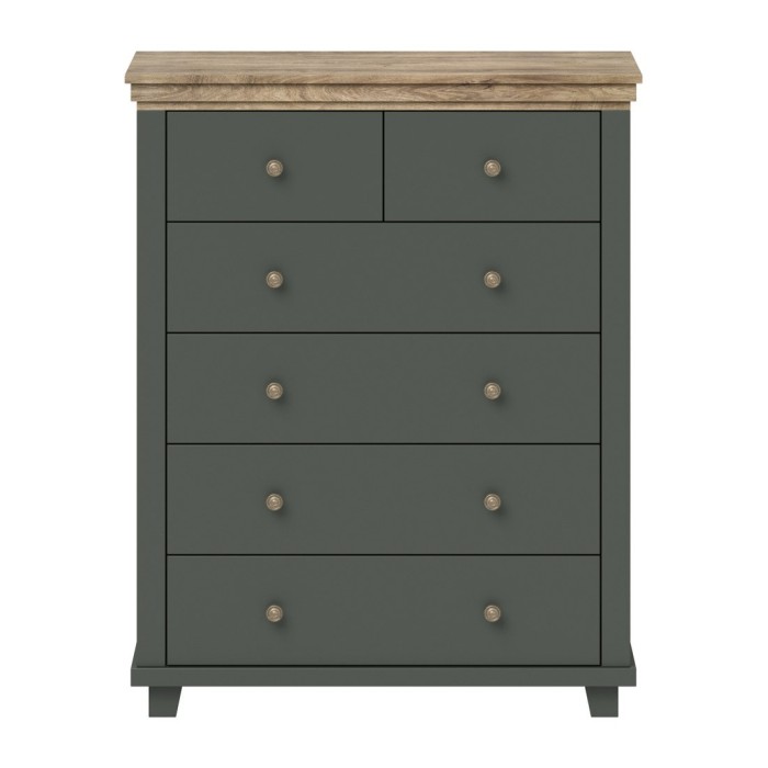 Chambre à coucher ASSIA : Armoire 200cm, Lit 180x200, commode, chevets. Coloris vert kaki et  chêne.