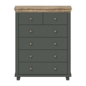 Chambre à coucher ASSIA : Armoire 200cm, Lit 180x200, commode, chevets. Coloris vert kaki et  chêne.