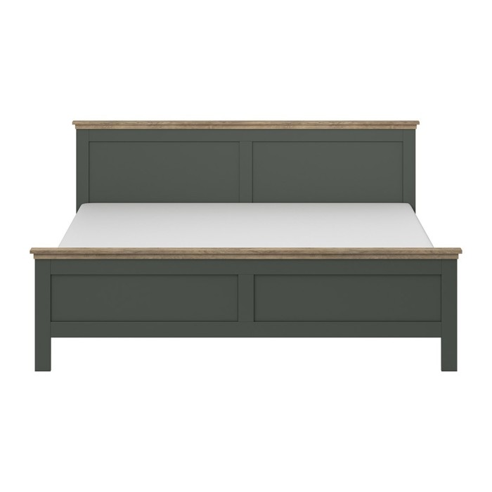 Chambre à coucher ASSIA : Armoire 200cm, Lit 180x200, commode, chevets. Coloris vert kaki et  chêne.