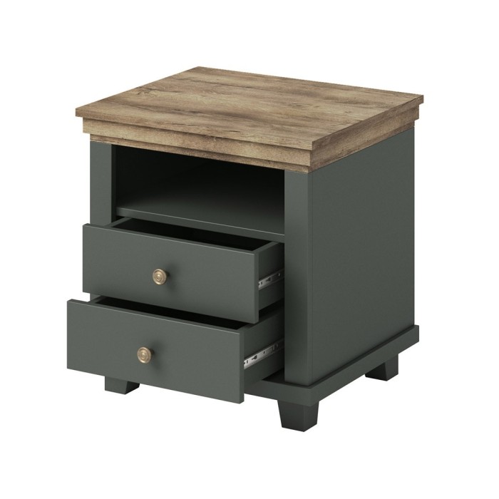 Chambre à coucher ASSIA : Armoire 200cm, Lit 180x200, commode, chevets. Coloris vert kaki et  chêne.