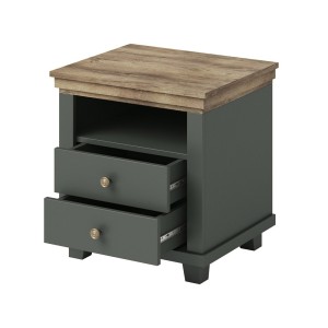 Chambre à coucher ASSIA : Armoire 200cm, Lit 180x200, commode, chevets. Coloris vert kaki et  chêne.