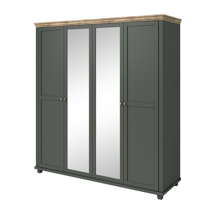 Chambre à coucher ASSIA : Armoire 200cm, Lit 180x200, commode, chevets. Coloris vert kaki et  chêne.