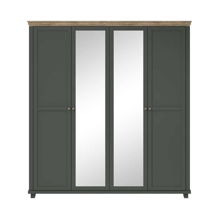 Chambre à coucher ASSIA : Armoire 200cm, Lit 180x200, commode, chevets. Coloris vert kaki et  chêne.