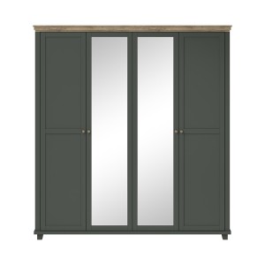 Chambre à coucher ASSIA : Armoire 200cm, Lit 180x200, commode, chevets. Coloris vert kaki et  chêne.