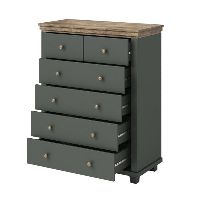 Chambre à coucher ASSIA : Armoire 200cm, Lit 180x200, commode, chevets. Coloris vert kaki et  chêne.