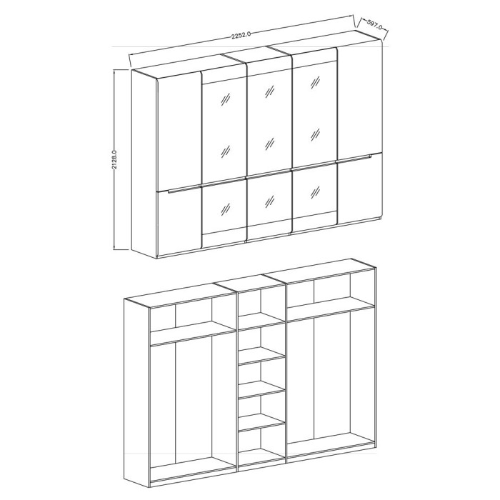 Armoire design 5 portes et 3 miroirs couleur grise finitions glossy - LUCIA