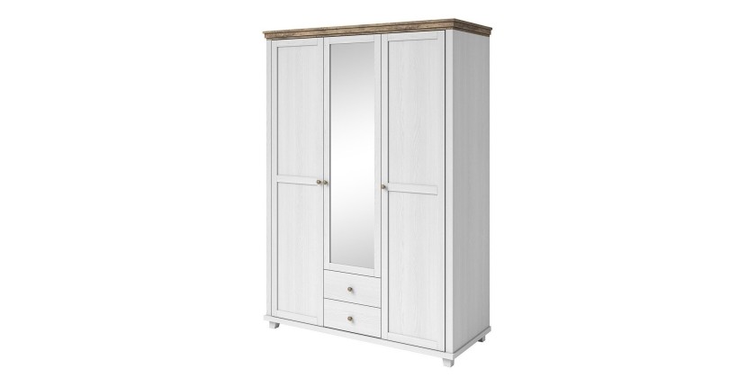 Armoire 150x220 avec 3 portes et 2 tiroirs. Coloris blanc et chêne. Collection ASSIA