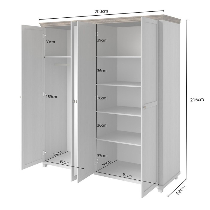 Armoire 200x220 avec 4 portes. Coloris blanc et chêne. Collection ASSIA