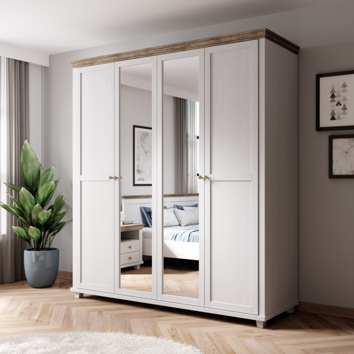 Armoire 200x220 avec 4 portes. Coloris blanc et chêne. Collection ASSIA