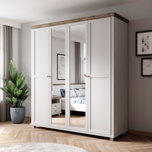 Armoire 200x220 avec 4 portes. Coloris blanc et chêne. Collection ASSIA